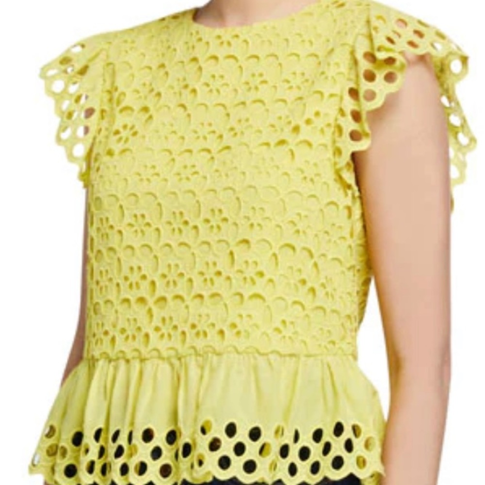 Alice & Olivia Sue Embroidered Ruffle Sleeve Eyelet Top